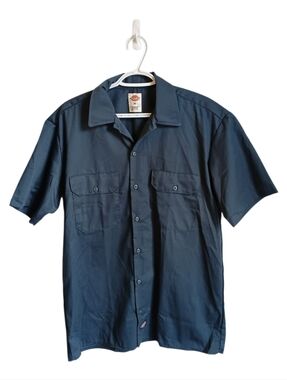 Vintage Y2K Dickies Men's Short Sleeve Button-Front Work Shirt - Navy Blue Med